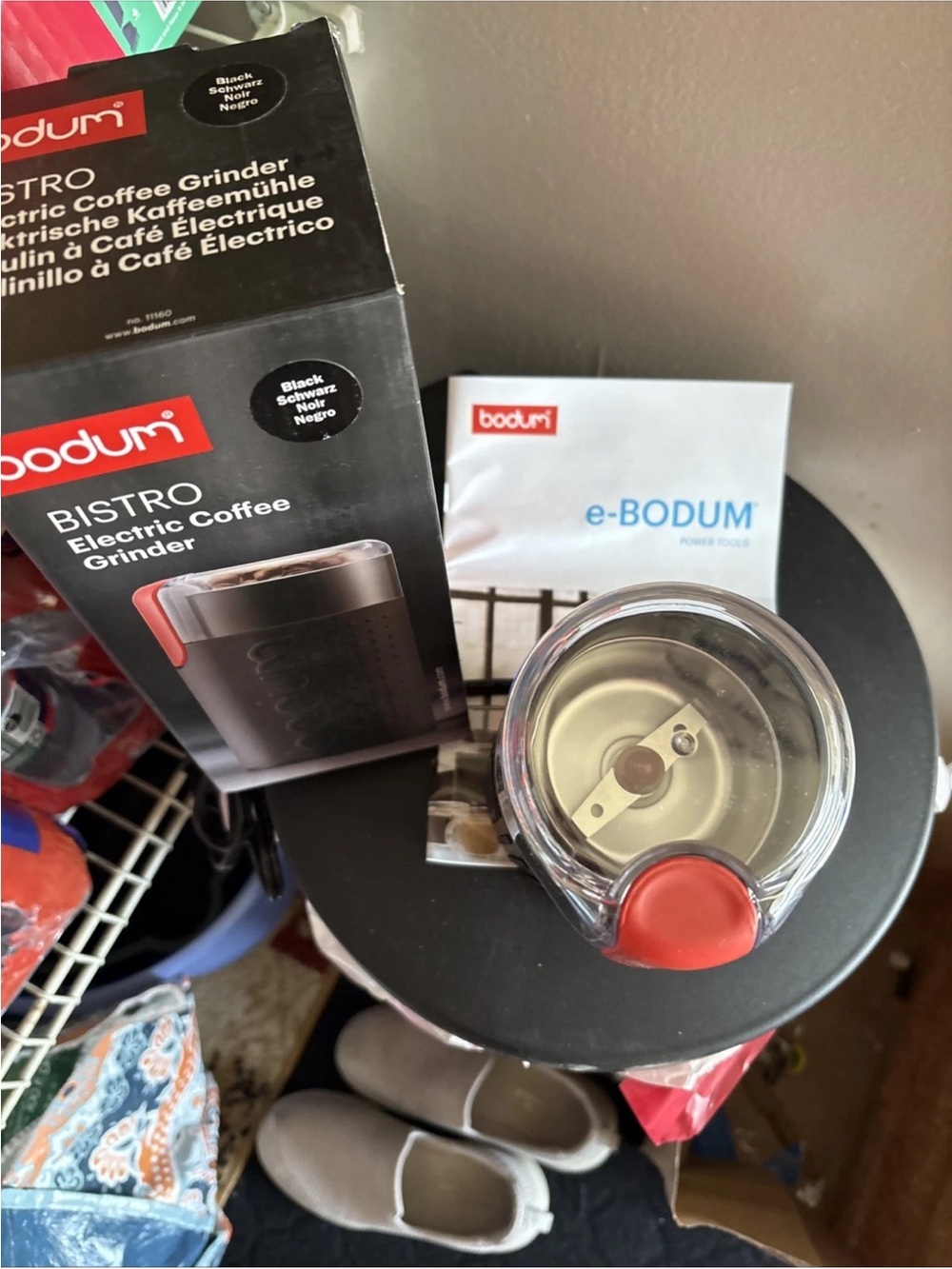 Bodum Clear Bean Hopper Coffee Grinder with Red Accents